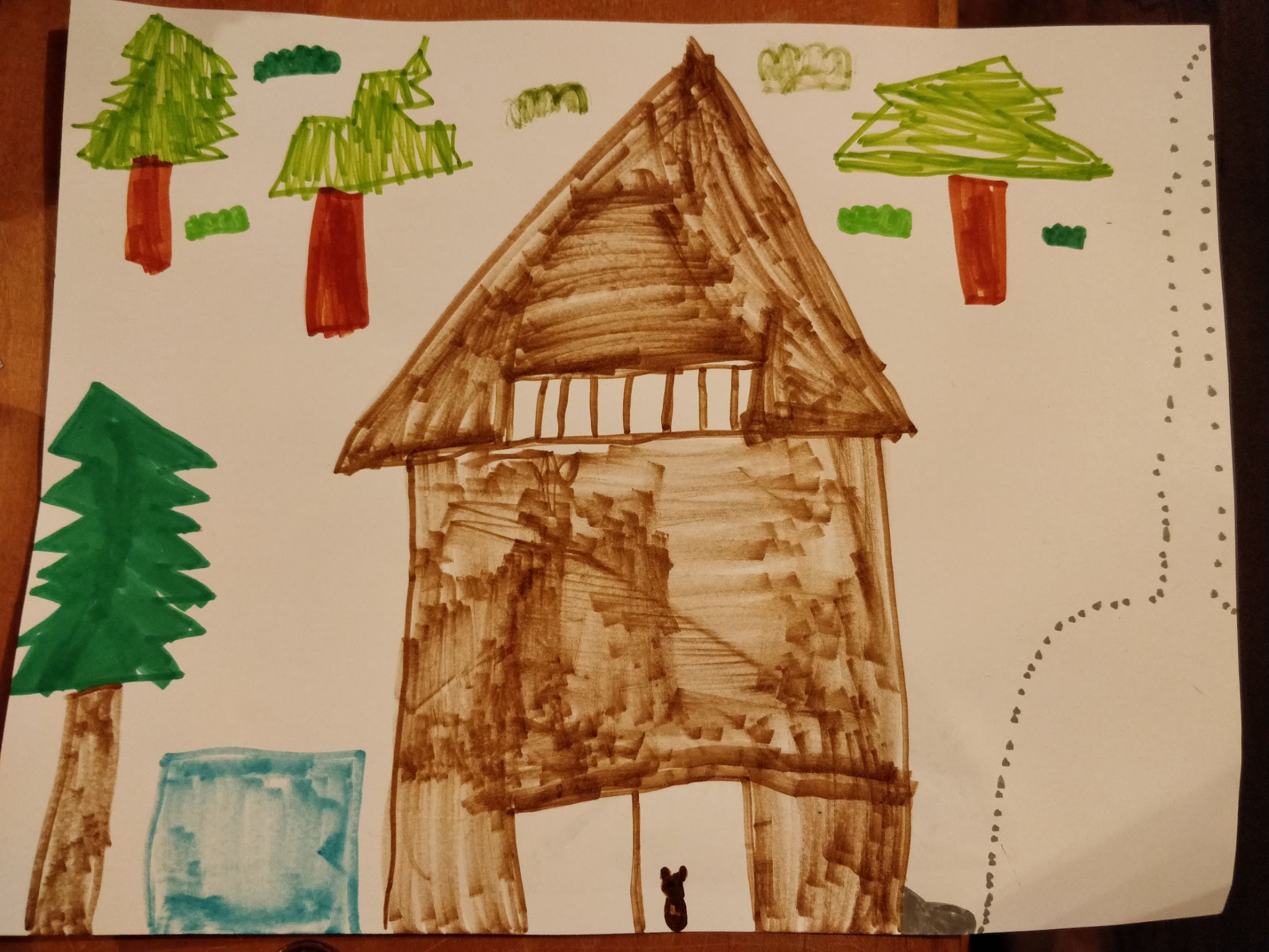 Hand-drawn illustration of the A-frame cabin among the trees